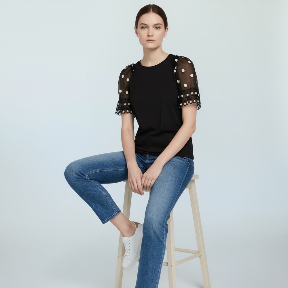 Rebecca‎ Taylor Black and White Dot-Embroidered Jersey Short-Sleeve Shirt SZ: S